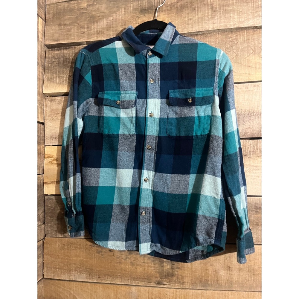 Old Navy Boys XL 14-16 Flannel‎ Shirt Teal Navy Blue Buffalo Plaid Button Down
